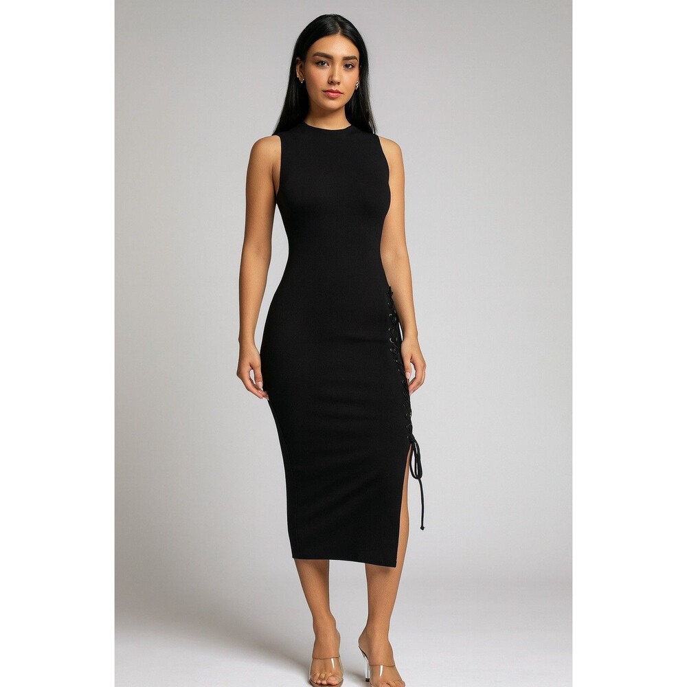 Alexander Wang Square Neck Black Midi Side Laceup Bodycon Knit Dress Small